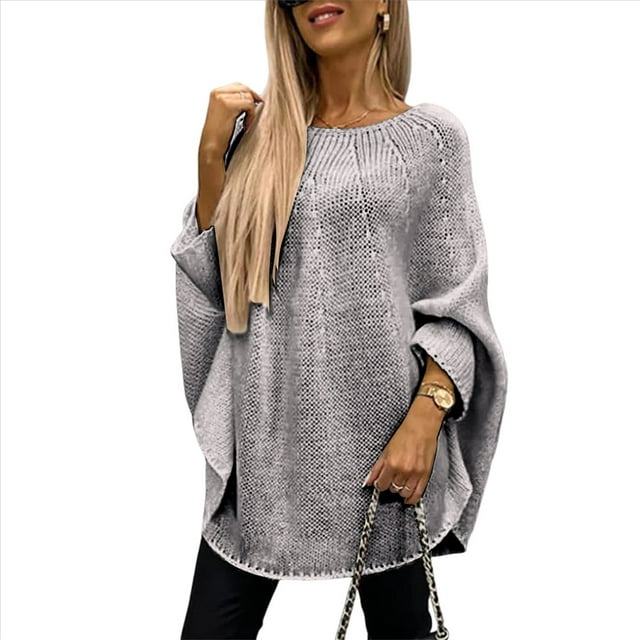 Suéter Elegante de Punto Tipo Capa para Mujer, Cuello Redondo, Larga, Holgado, Suéter de Punto Tipo Chal A . Gris XL