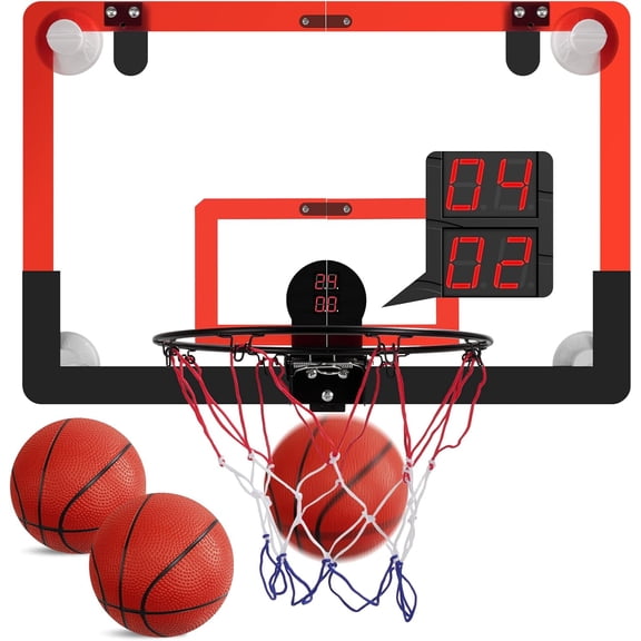 Basketball Hoop with Suction Cup and Over The Door Mount, Sturdy Backboard, Electronic Scoreboard, Sound, Includes Balls
