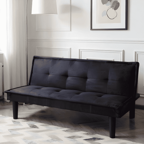 BSHTI 63.2" Convertible Futon Sofa Bed, Features 3 Adjustable Backrest Positions, Twin Size, Faux Suede Upholstered Sleeper, Black