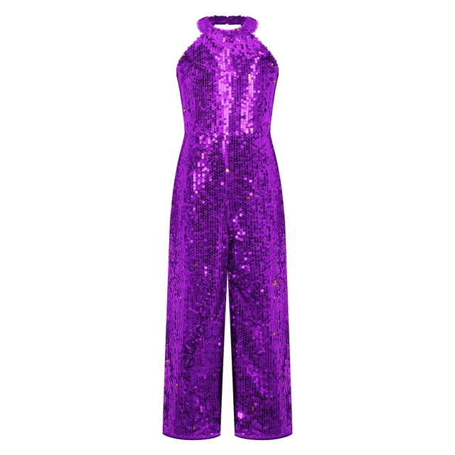 Nyeemya Flower Girl Pageant Sequins Jumpsuits Halter Sleeveless High Waisted Wide Leg Long Romper Pants Purple 6