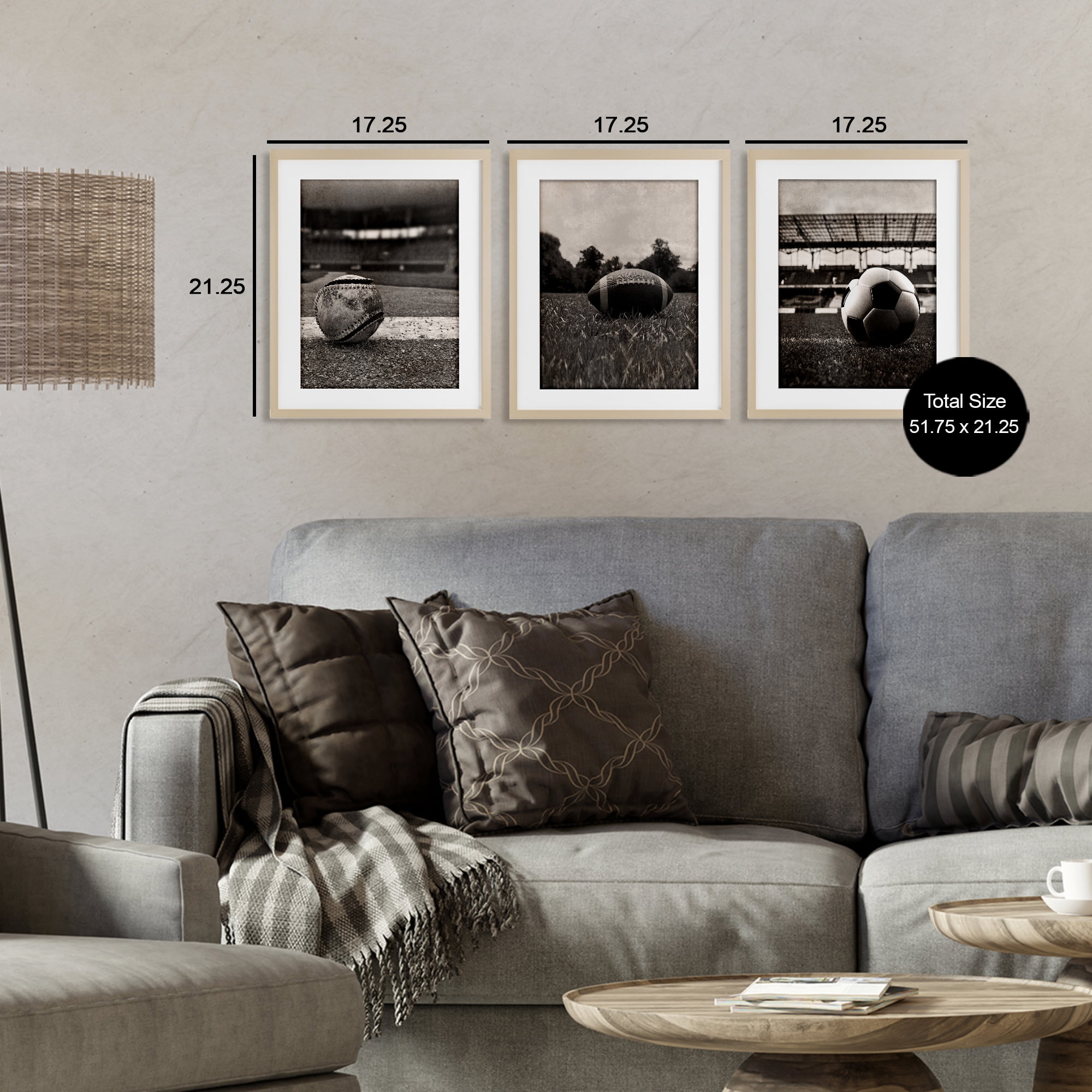Stupell Industries Vintage Sports on Field 3 Piece Birch Framed Print Under Glass Set, design by Marcus Prime
