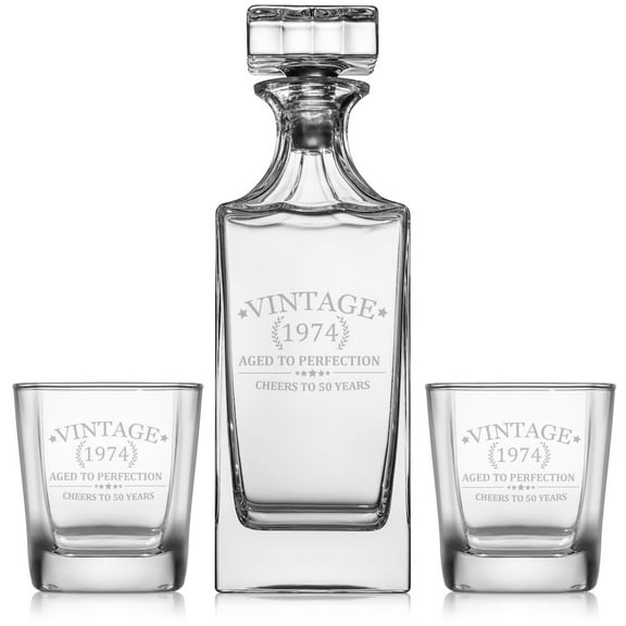 Whiskey Decanter Gift Set With 2 Whiskey Old Fashioned Rocks Glasses Cheers To 50 Years Vintage 1974 50th Birthday