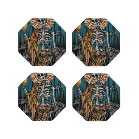 

Junzan Coffee-Drinking Skull Print Coasters for Drinks - Leather Coasters Set of 4 for Coffee Table for Housewarming/Kitchen/Bar/Decor-Octagon