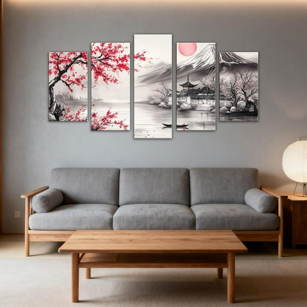5 Pieces Japanese Canvas Wall Art Red and Black Mountain Building