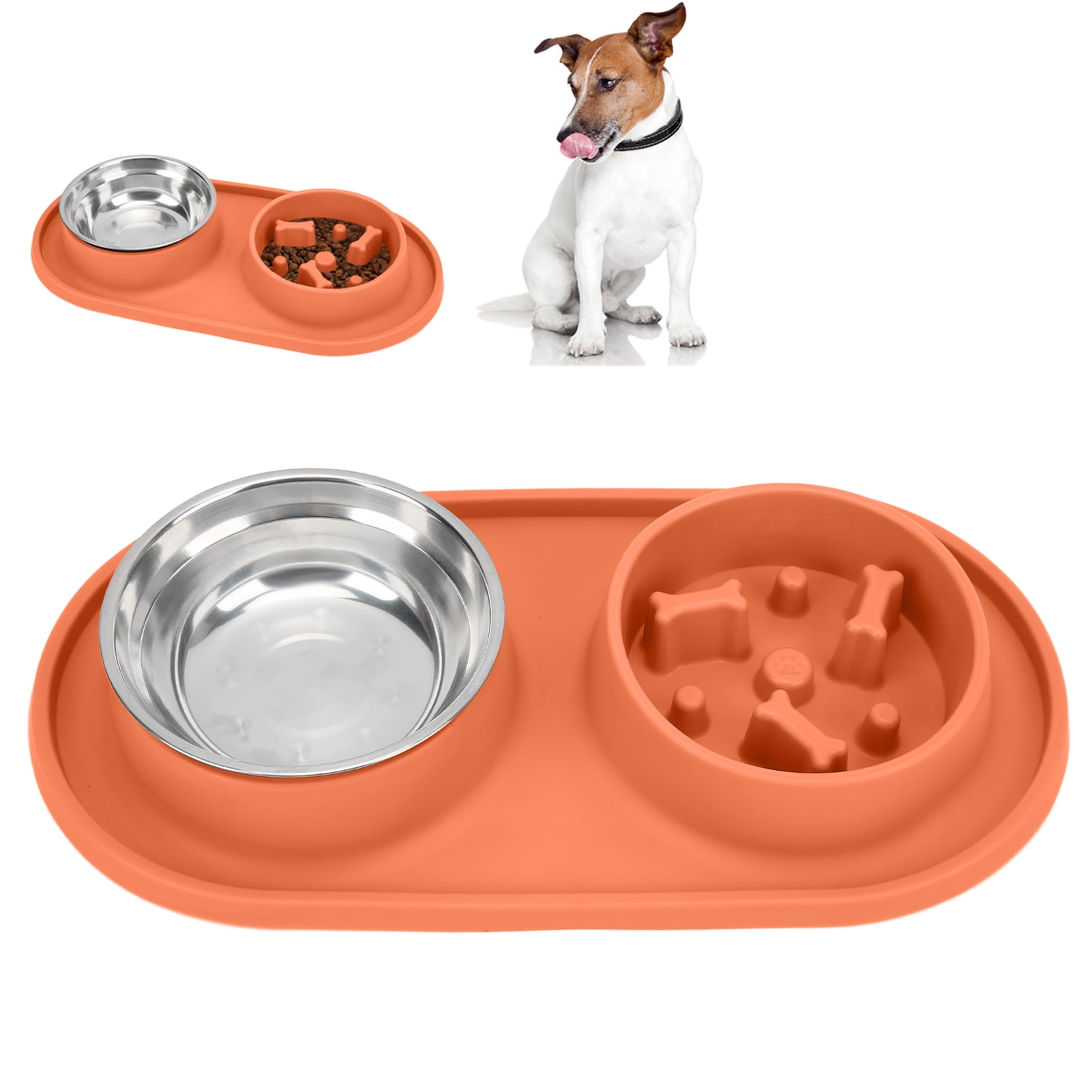 BOKYAN Anti-Skid Double Pet Bowls Silicone Slow Feeder Set with Removable Stainless Steel Water Bowl for Dogs and Cats Orange
