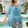 thumbnail image 3 of Dvprdro Women Sundress Summer Fashion Solid Crew Neck Short Sleeve Crocheted Trim Smock Casual Loose Boho Beach Sun Mini Dress, 3 of 4