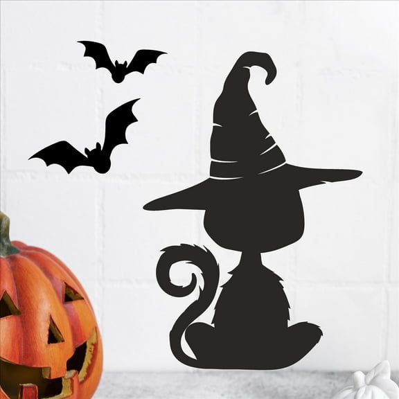 Halloween Black Cat with Witch Hat Vinyl Lettering wall decal (11"H x 7"L Black)