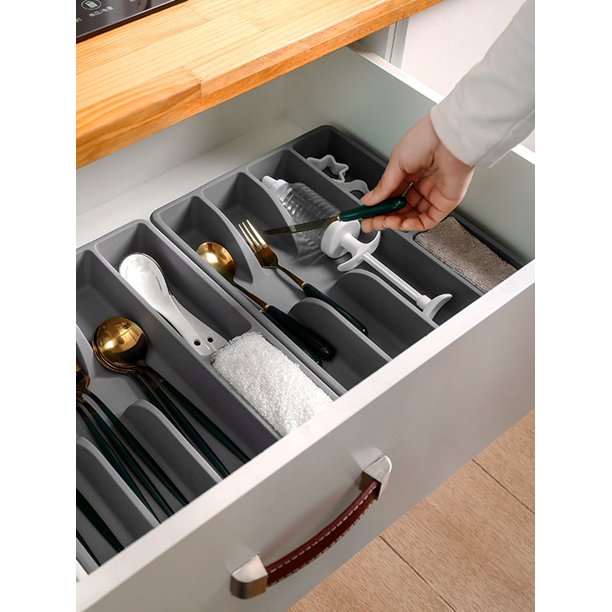 1pc Gray Kitchen Drawer Organizer For Cutlery, Soup Ladles, Knives And Forks
