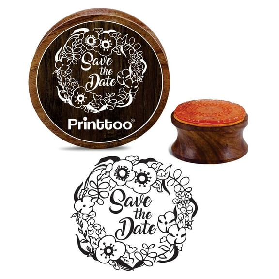 Printtoo Flower Wreath With Save The Date Pattern Wooden Round Rubber Stamp-5 Inch