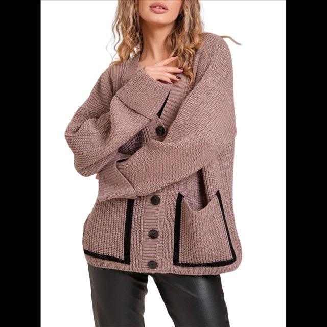 Cárdigan de Punto Grueso para Mujer, Larga, Cuello en V, Botones y Bolsillo, para Otoño e Invierno. Camello XL