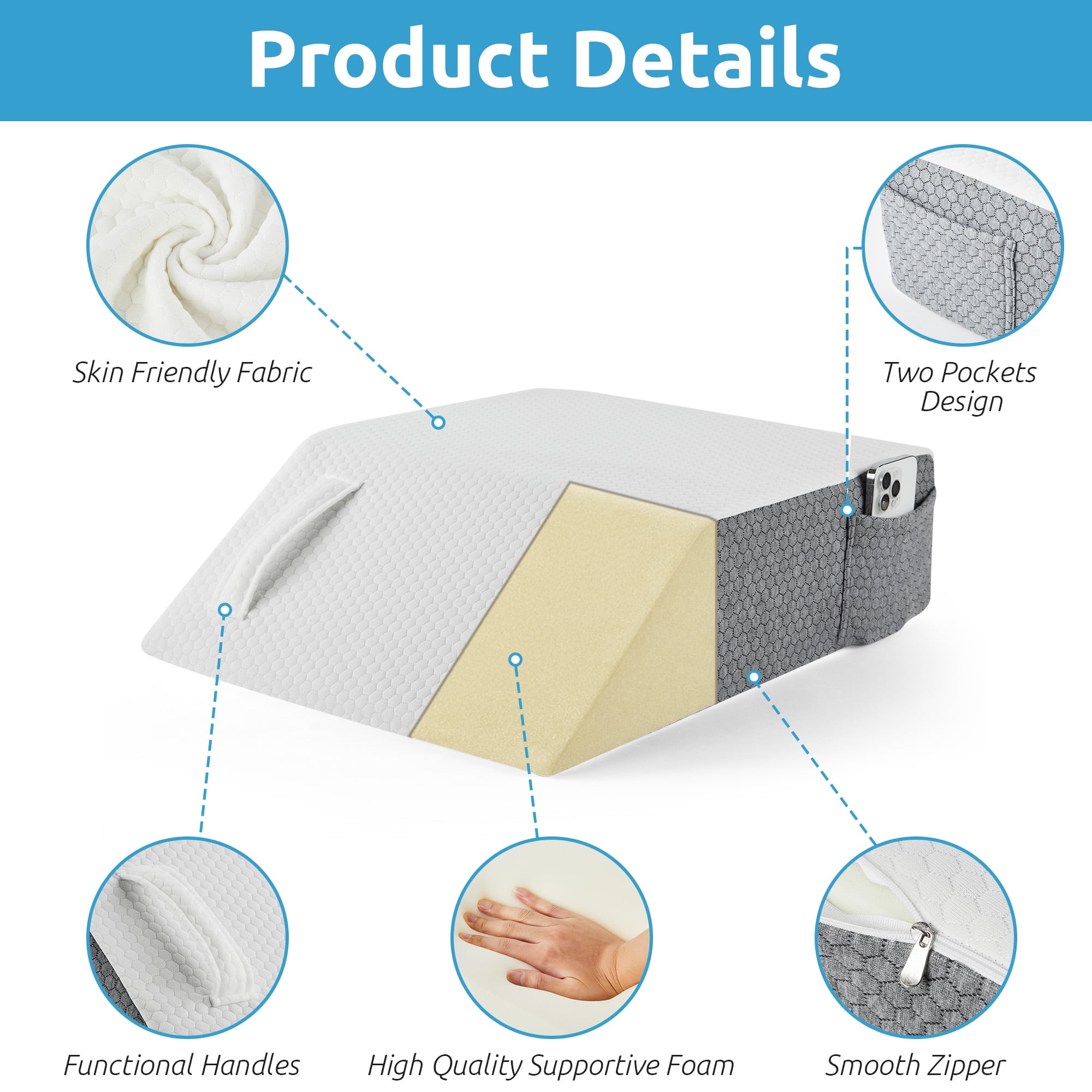 MOONORAH Wedge Pillows for after Surgery, Leg Pillow for Sleeping, Back Pain Relief, Blood Circulation, Knee Elevating Pillow, White/Grey