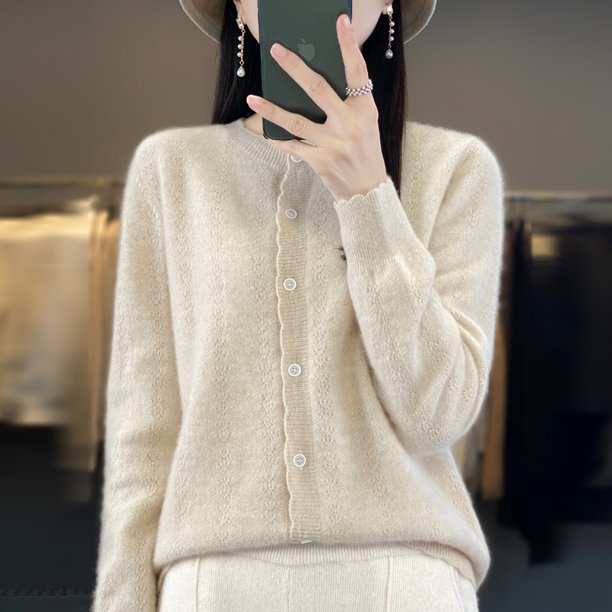 Cárdigan de cuello redondo para mujer, 100% pura lana, suelto, de color sólido salvaje, suéter de fondo holgado, nuevo estilo de otoño e invierno.