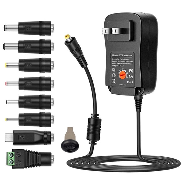 30W Universal AC to DC Power Supply Adapter with 5V 2.1A USB Port AC Plug-in Power 3V to Adjustable Output Voltage with 8 DC Adapter Tips for Household Electronics