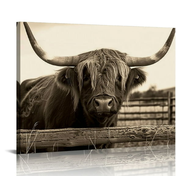 Acheng Animal Canvas Wall Art Sepia Highland Cow Pictures Prints Longhorn Cattle Wall Painting Art Poster Vintage Artwork Living Room Farmhouse Wall Decoration 20x16in
