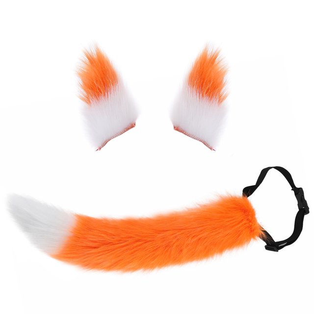 Cola de felpa de gato, zorro, lobo de piel sintética y orejas de clip para accesorios de disfraces de fiesta de Halloween naranja