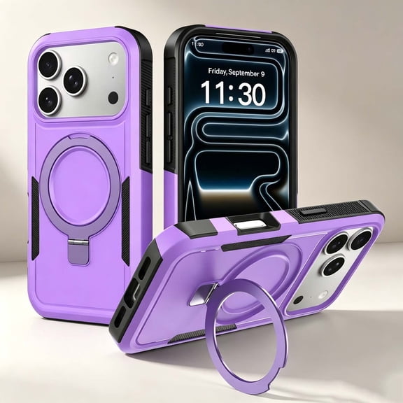 For iPhone 16 Pro Max Phone Case,2-in-1 Heavy Duty PC TPU Hybrid Protection,With Contractile Ring Kickstand,Shockproof Non-Slip Drop Protection,Rugged Durable Magnetic Phone Case,Purple