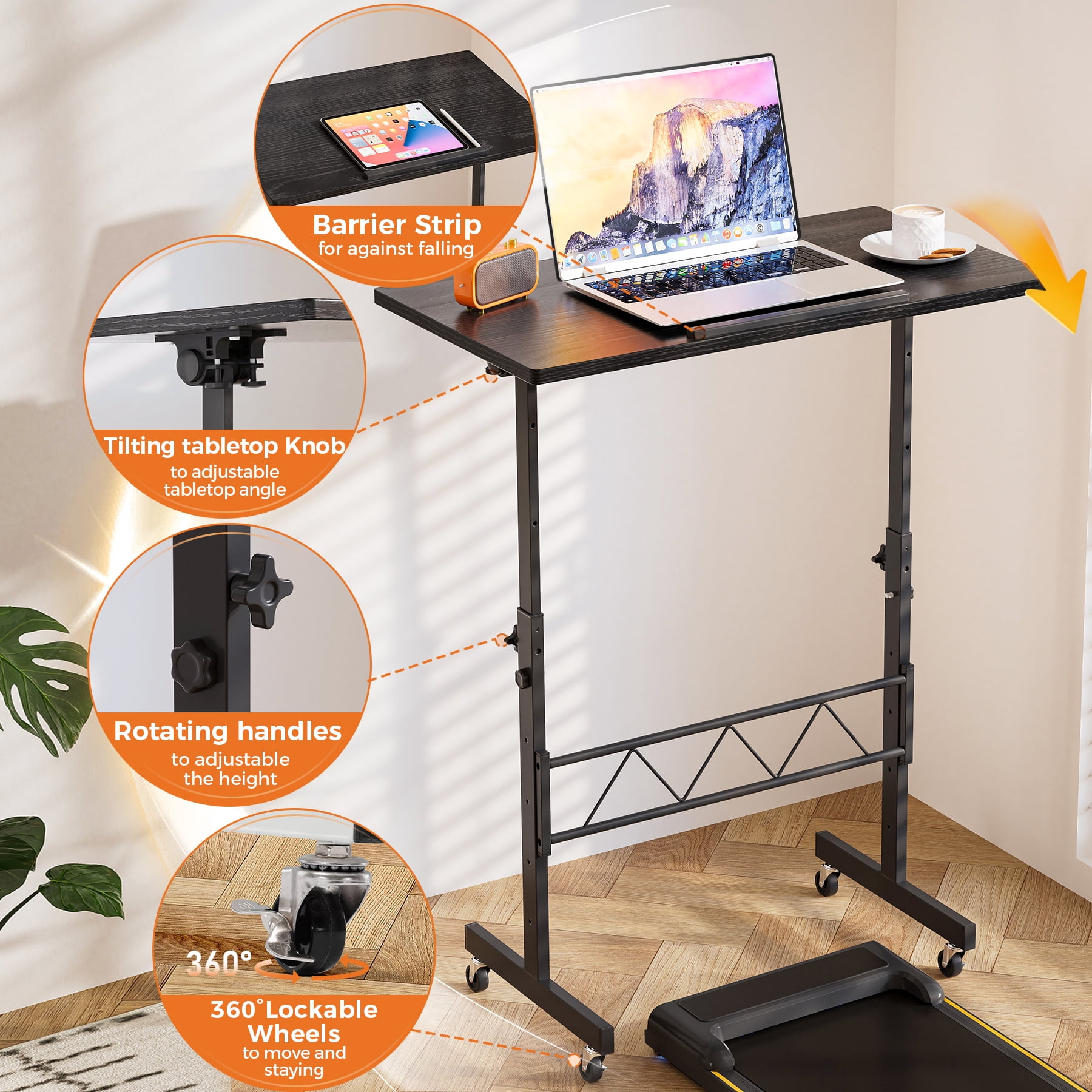 EXRACING Portable Standing Desk with Tiltable Top, Small Mobile Laptop Table with 31.5" x 15.75" Surface, Rolling Desk for Home Office or Walking Pad, Black