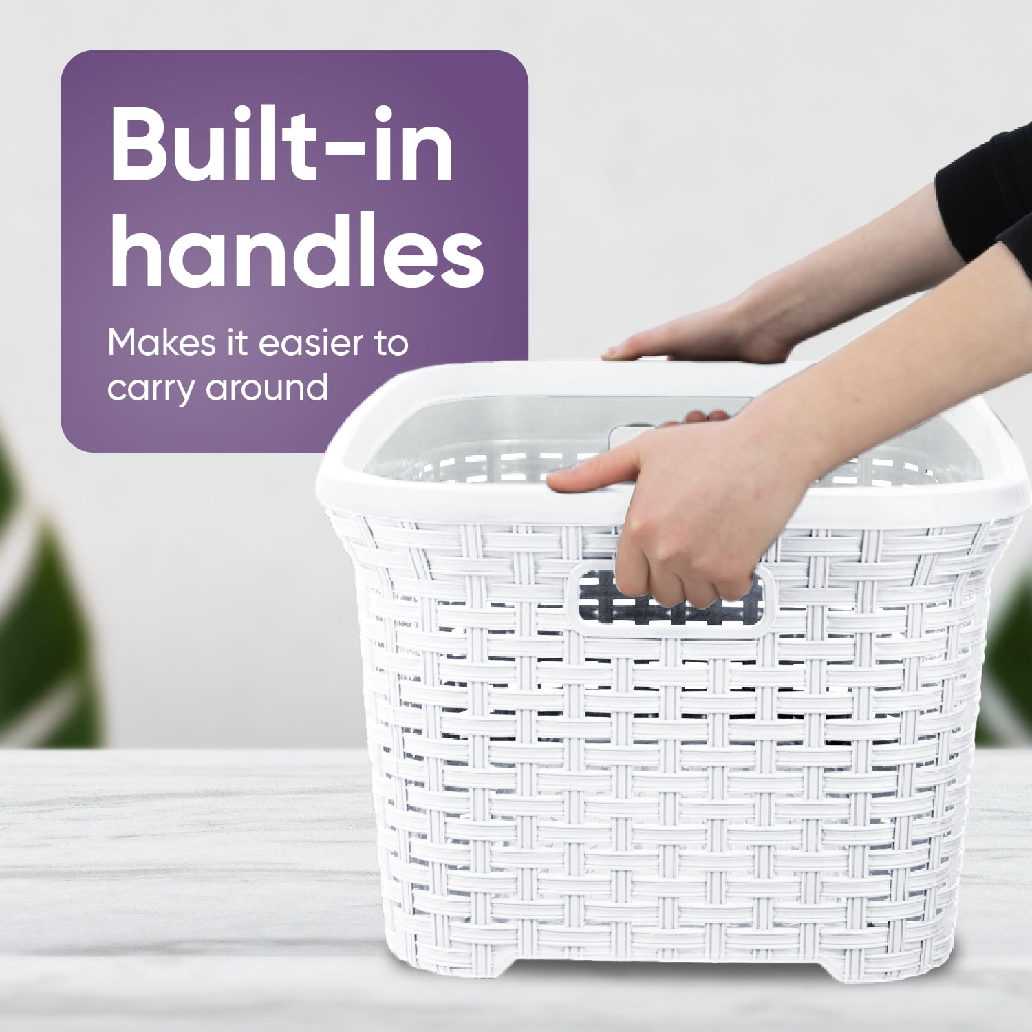 Superio Laundry Basket, Laundry Hamper, 50-liter wicker style basket with cutout handles, to storage dirty clothes, in washroom, or bedroom, white.