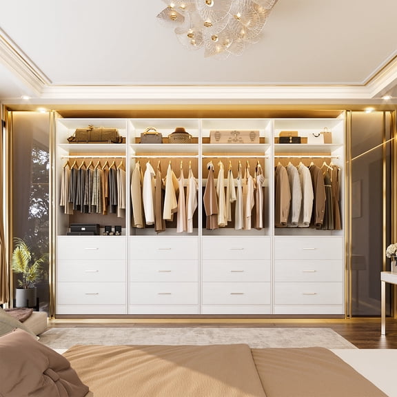 Homieasy 8FT (96 Inch) Closet Organizer System,Set of 4 - 12 Wood Drawers, 4 Hanging Rods & 4 Shelves, Heavy Duty Walk-in Closet Storage, White