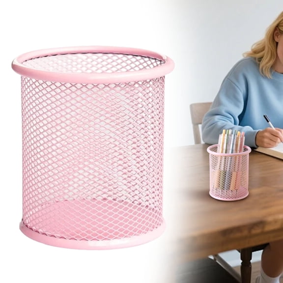 Qiangzon Wire Mesh Pen Cup, Caddy Storage Round Mesh Metal Pen Holder, Colorful Desk Organizer Pencil Cup for Office and Stationery(3.34X3.74 Inch), Pink