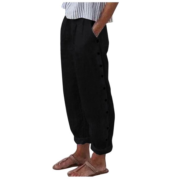 XINPING Summer Pants for Women 2026 Printed Comfy Side Button Pants Baggy Elastic Waist Straight Leg Trousers with Pocket XL