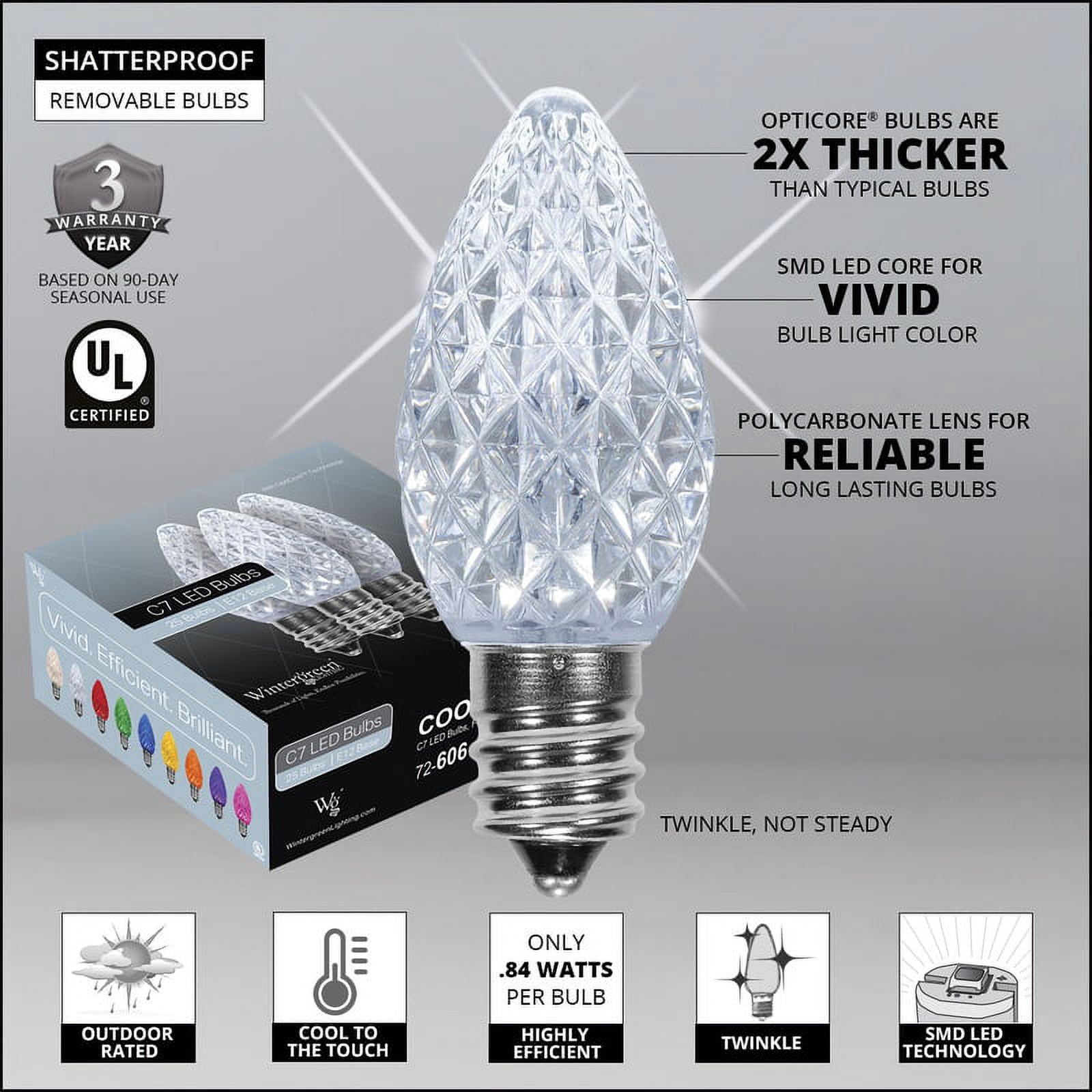 OptiCore C7 Shatterproof Cool White Twinkle LED Christmas Replacement Bulbs for String Lights, Pack of 25, 0.84W, E12 Base