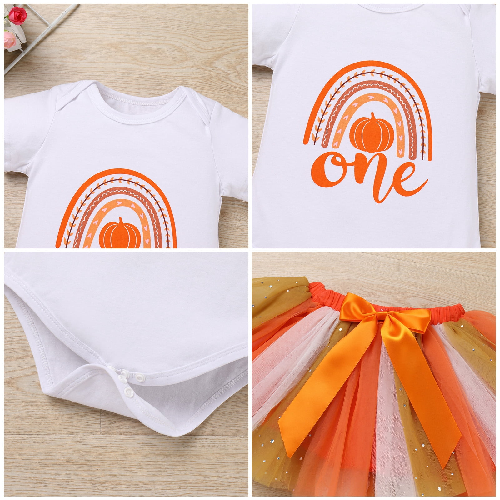 IBTOM CASTLE Toddler Baby Girls Pumpkin 1st Birthday Outfit Halloween Princess Romper + Tutu Skirt + Headband Clothes Set for Cake Smash Photo Shoot 12-18 Months Rainbow Pumpkin One