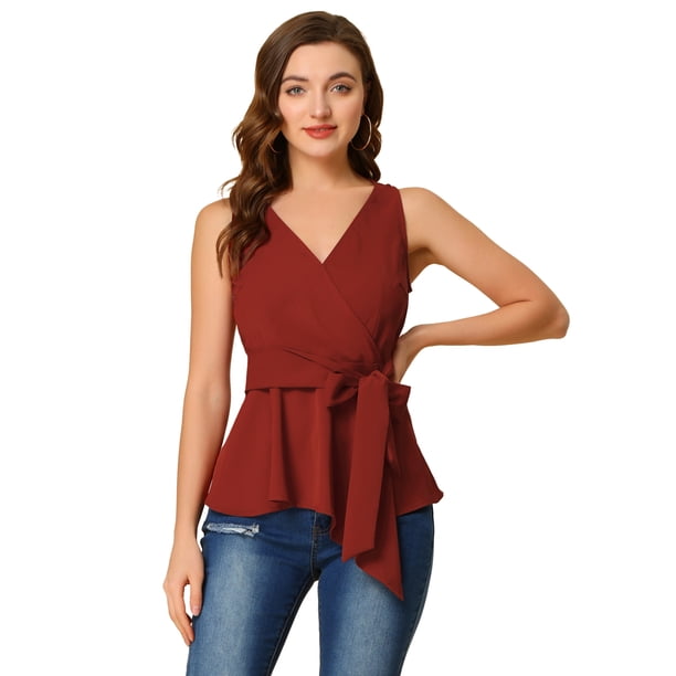 INSPIRE CHIC INSPIRE CHIC Tops De Verano Para Mujer, Sin Mangas, Con Escote En V, Con Lazo, En La Cintura Rojo ladrillo M