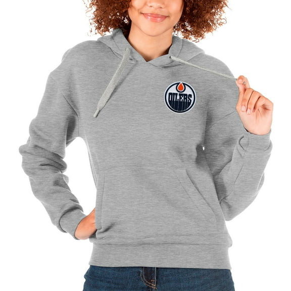 Women's Antigua Heather Gray Edmonton Oilers Primary Logo Victory Pullover Hoodie