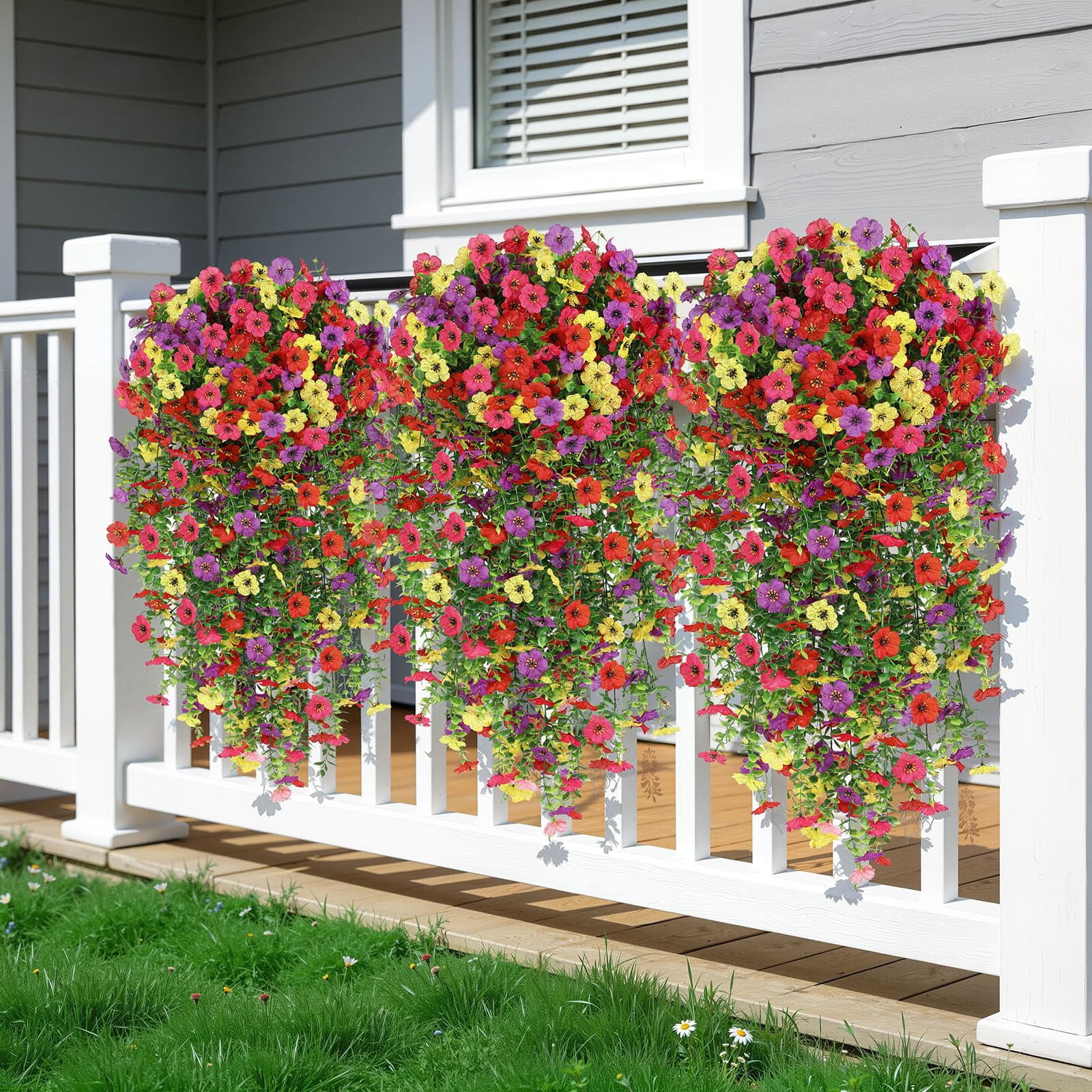 Alupssuc 4 Pcs Artificial Spring Flowers, UV Resistant Fake Hanging Plants Faux Silk Violets for Outdoors Decoration, Red, Rose, Purple, Yellow