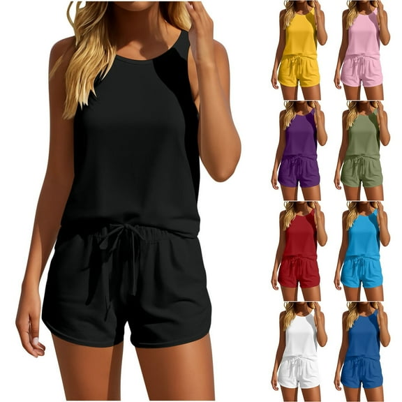 TAGOLD Womens Sleeveless Round-Neck Blouses & Shirts Set Summer Solid Color Sleeveless Top Short Pants Loose Casual Daily 2 Piece Outfit