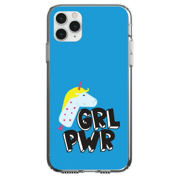 DistinctInk Clear Shockproof Hybrid Case for iPhone 12 MINI (5.4" Screen) - TPU Bumper, Acrylic Back, Tempered Glass Screen Protector - Girl Power - GRL PWR - Unicorn Blue Background