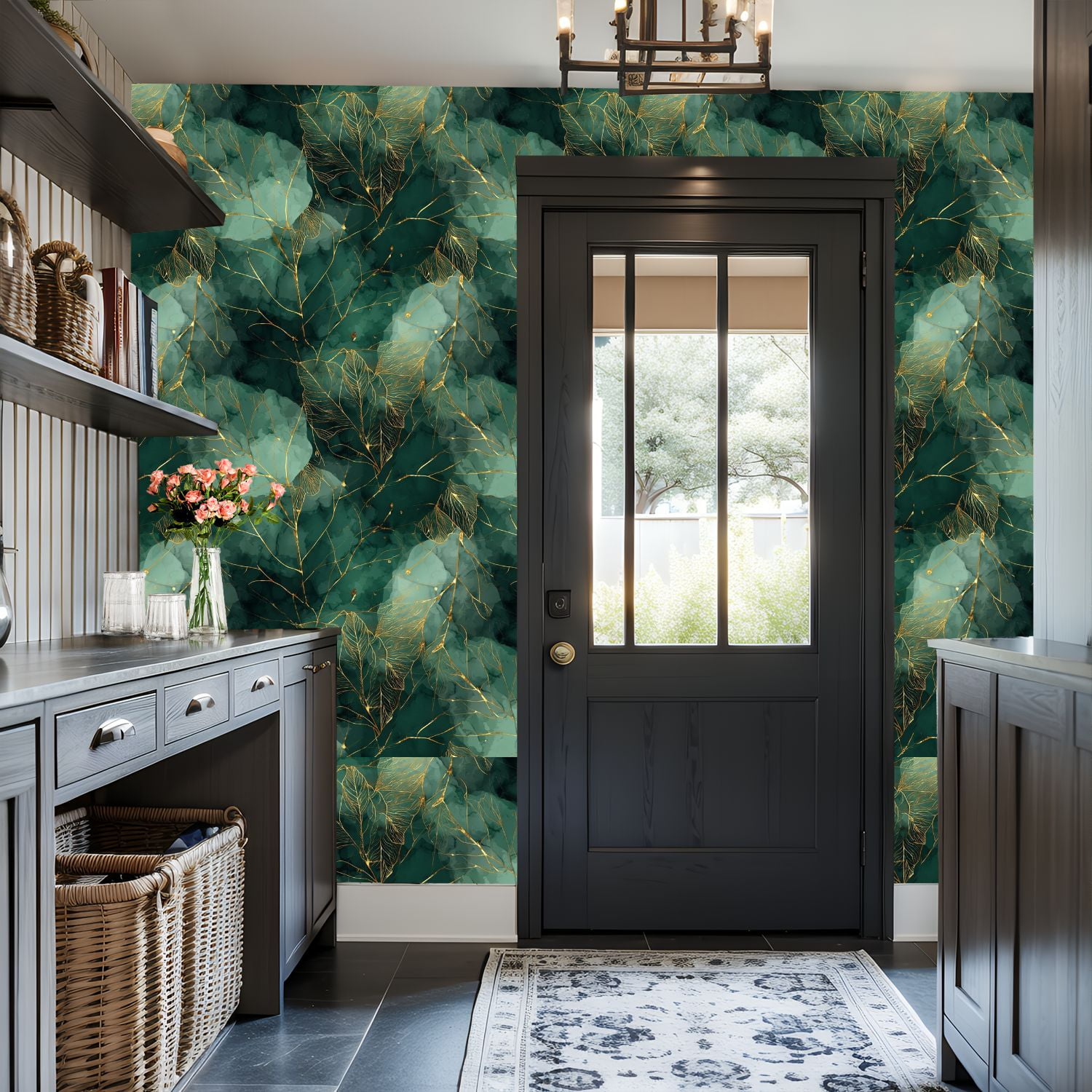 Peel and Stick Wallpaper 17.7in x 9.8ft Abstract Green Gold Botanical Leaves Watercolor Contact Paper Vinyl Self-Adhesive Removable Wall Paper for Bedroom Kitchen Cabinet Décor Renter Friendly