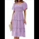 thumbnail image 3 of Vestido Midi Informal de Verano para Mujer, con Mangas Abullonadas, Cuello Cuadrado y Fruncido Púrpura M, 3 of 9