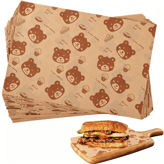 BPPEG Waxed Deli Paper Sheets 100 Pcs, 9 * 13 Inch Food Basket Liners for Sandwiches, Burgers, Brown Wax Paper Sheet for Food Bear Print Greaseproof 9X13 Deli Paper