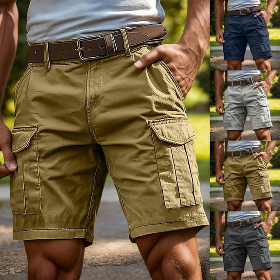 Men's Lightweight Multi Pocket Casual Cargo Shorts No Belt (Khaki M)