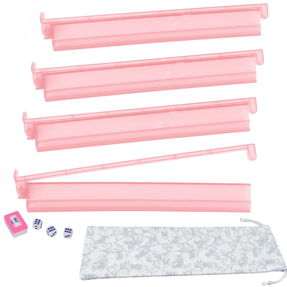 Clear Pink Acrylic Mahjong Racks with Pushers Set of 4, 18 Inch Travel Mahjong Tile Holders with Storage Bag Dice Wind Indicator