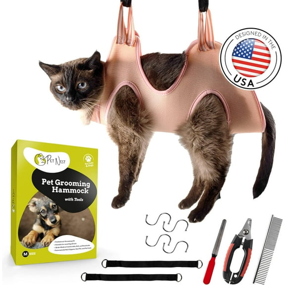 Pet Nest Dog Grooming Hammock with Cat Nail Clippers - 10 in 1 Pet Grooming Hammock for Dog with Nail Trimmers, Nail File, Comb - Cat & Dog Hammock for Grooming and Nail Trimming