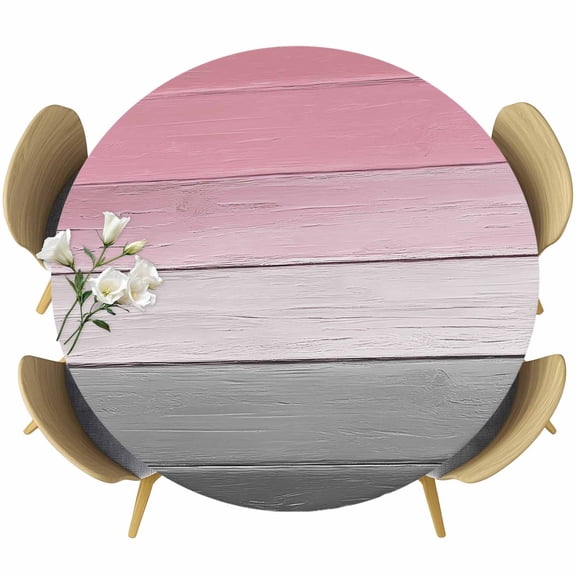 Round Table Cover 55-60 Inch Pink Gray Waterproof Reusable Table Cloth Round Fitted Vinyl Tablecloth with Elastic Edged for Parties Outdoors, Vintage Country Gradient Wooden Plank Line