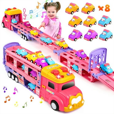 Huge Wave 9 in 1 Princess Toy Carrier Truck for Girls, Foldable Transport Truck, Toddlers Pull Back Girl Toy Car Set for 2 3 Years Old, Kids Birthday Gift Christmas Toys Gift for Girls 3 4 5 6 