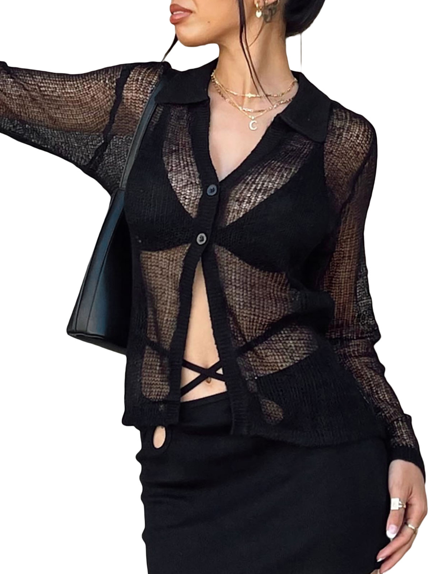 Women s Sheer Button Up Shirt Long Sleeve Lapel Mesh Top Vintage See