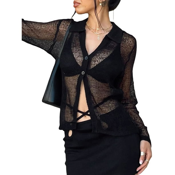 Women s Sheer Button Up Shirt Long Sleeve Lapel Mesh Top Vintage See
