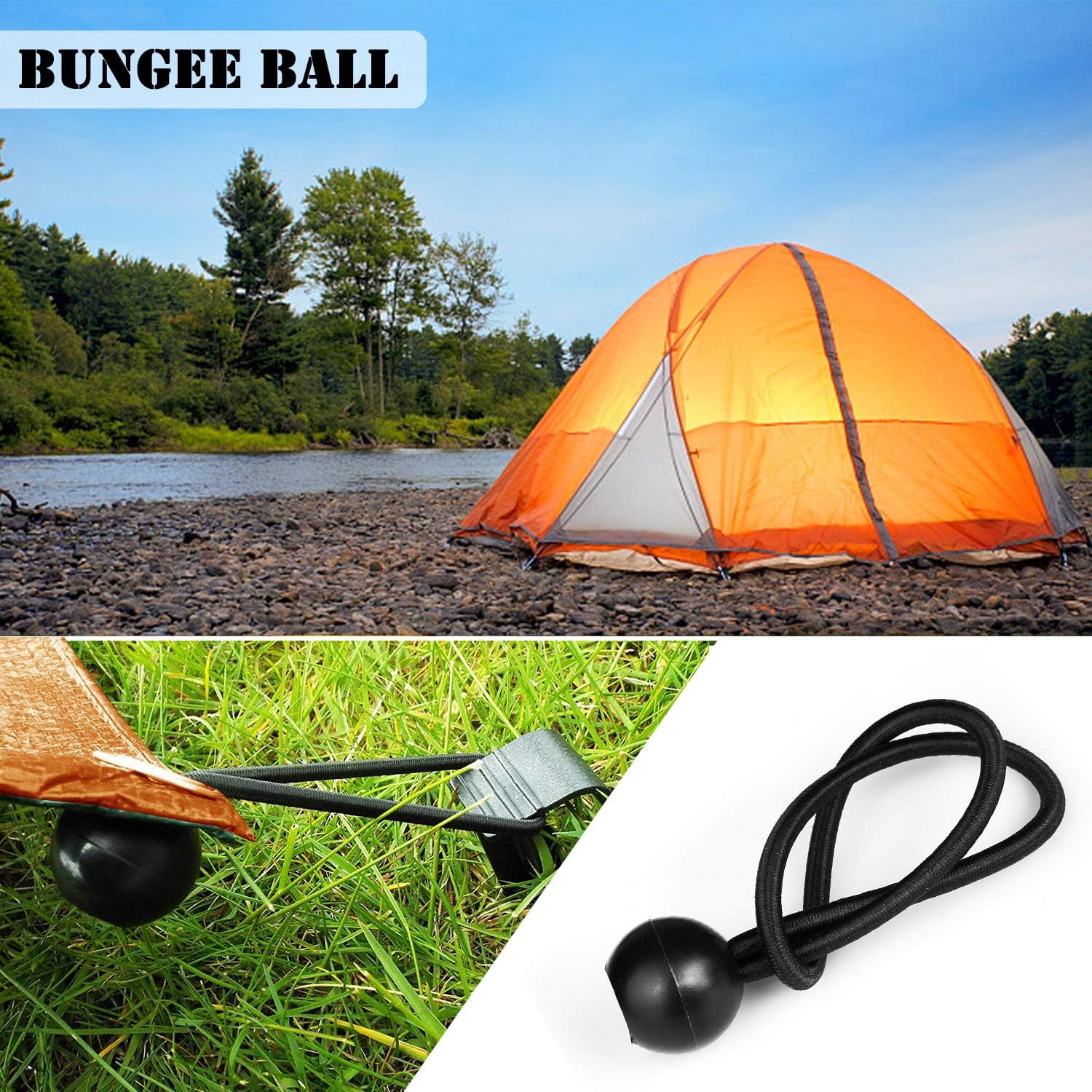 Flexible Ball Bungee Cord, Heavy Duty &amp; Portable Elastic Straps with Natural Latex Core for Multiple-Use Outdoors, 20 PCS Black Nylon &amp; Rubber Beads, Weather Resistant