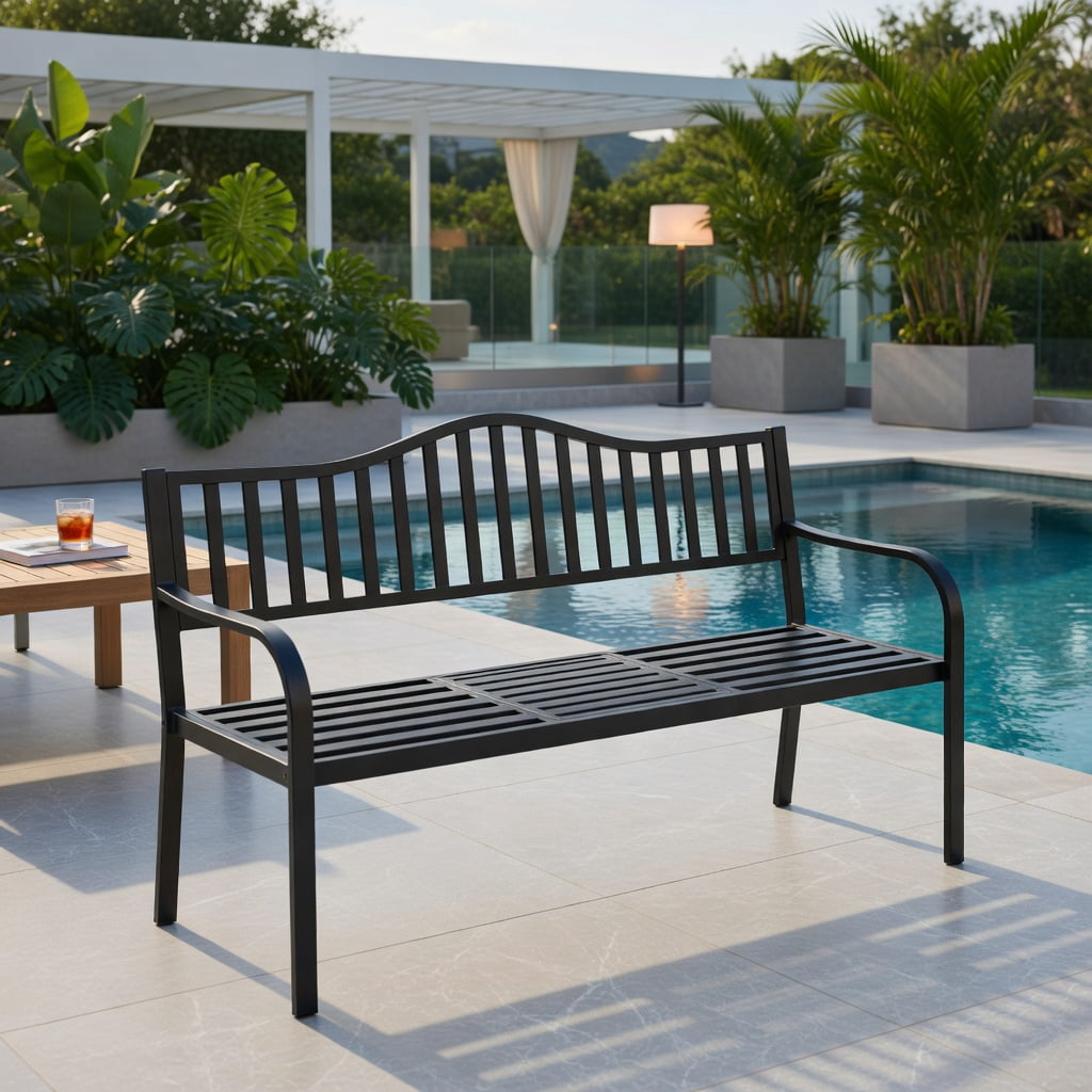 Hommoo Outdoor Steel Patio Bench with Foldable Center Table, Rust-Resistant Garden Seating for Backyard, Deck & Balcony, Black