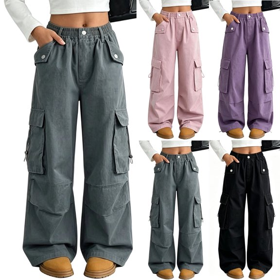 BXJX Girls Cargo Pants Size 10-12, Outdoor Multi Pocket Elastic Waist Spring Fall Kids Wide‑Leg Trousers