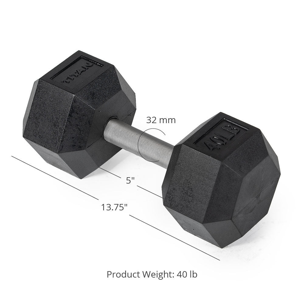Titan Fitness 40 LB Pair Free Weights, Black Rubber Coated Hex Dumbbell, Straight Stainless Steel Handle, Strength Training, Full Body Workout