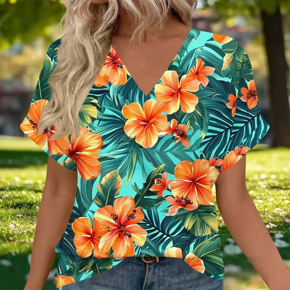 Pisexur Womens Tops Flowers V Neck Shirt for Women Boho Floral Wildflowers Graphic Tee Casual Cottagecore Summer T Shirt Orange,S