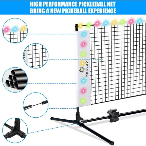 Portable Pickleball Net with Light 10FT Half-Court Set Includes 2 Paddles & 3 Balls Easy Assembly for Indoor/Outdoor