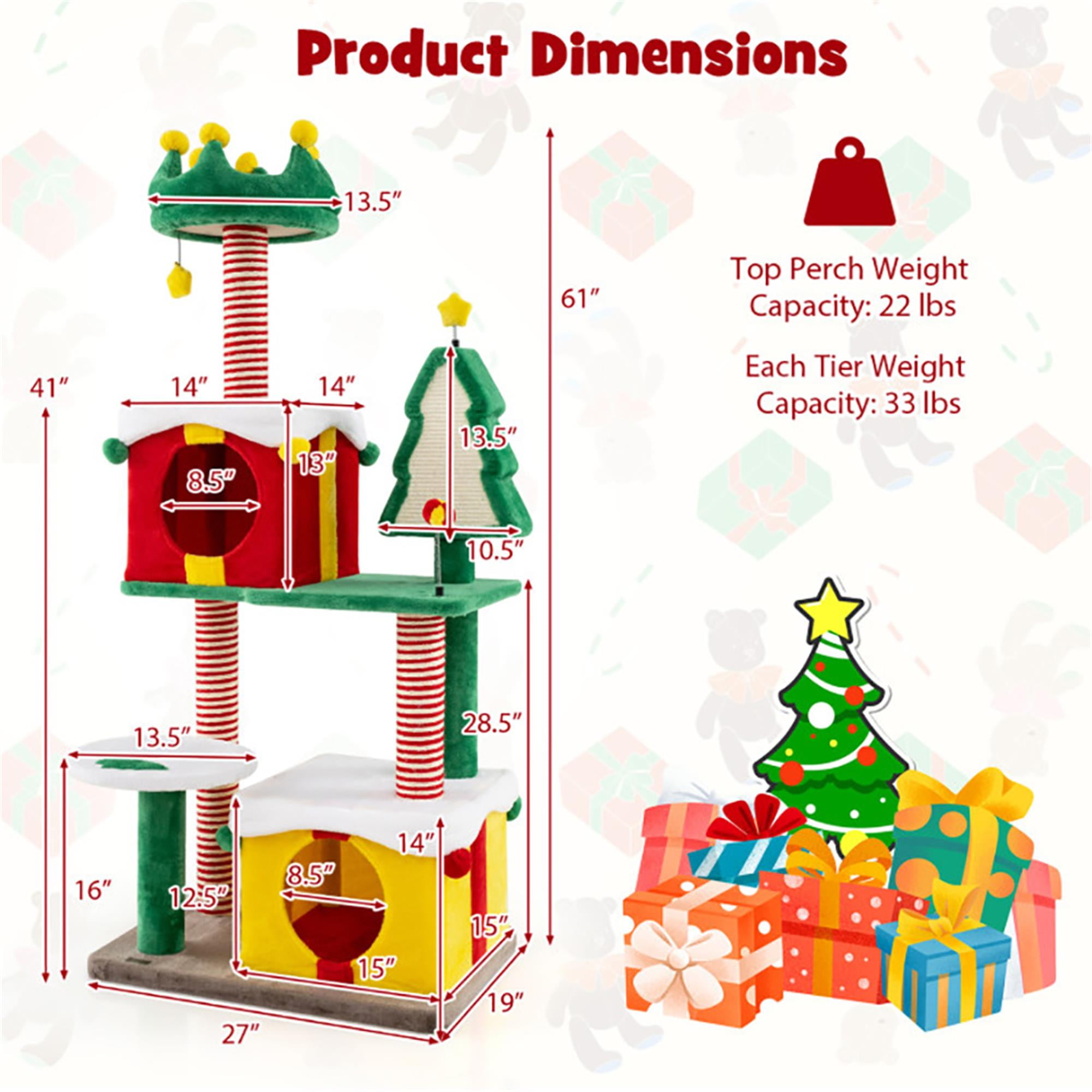 Kadyn 61" Cute Christmas Cat Tree for Indoor Cats with Scratching Posts and Carpet, Multi-Level Cat Tower with Gift Box-shaped Cat Condos, Multicolor
