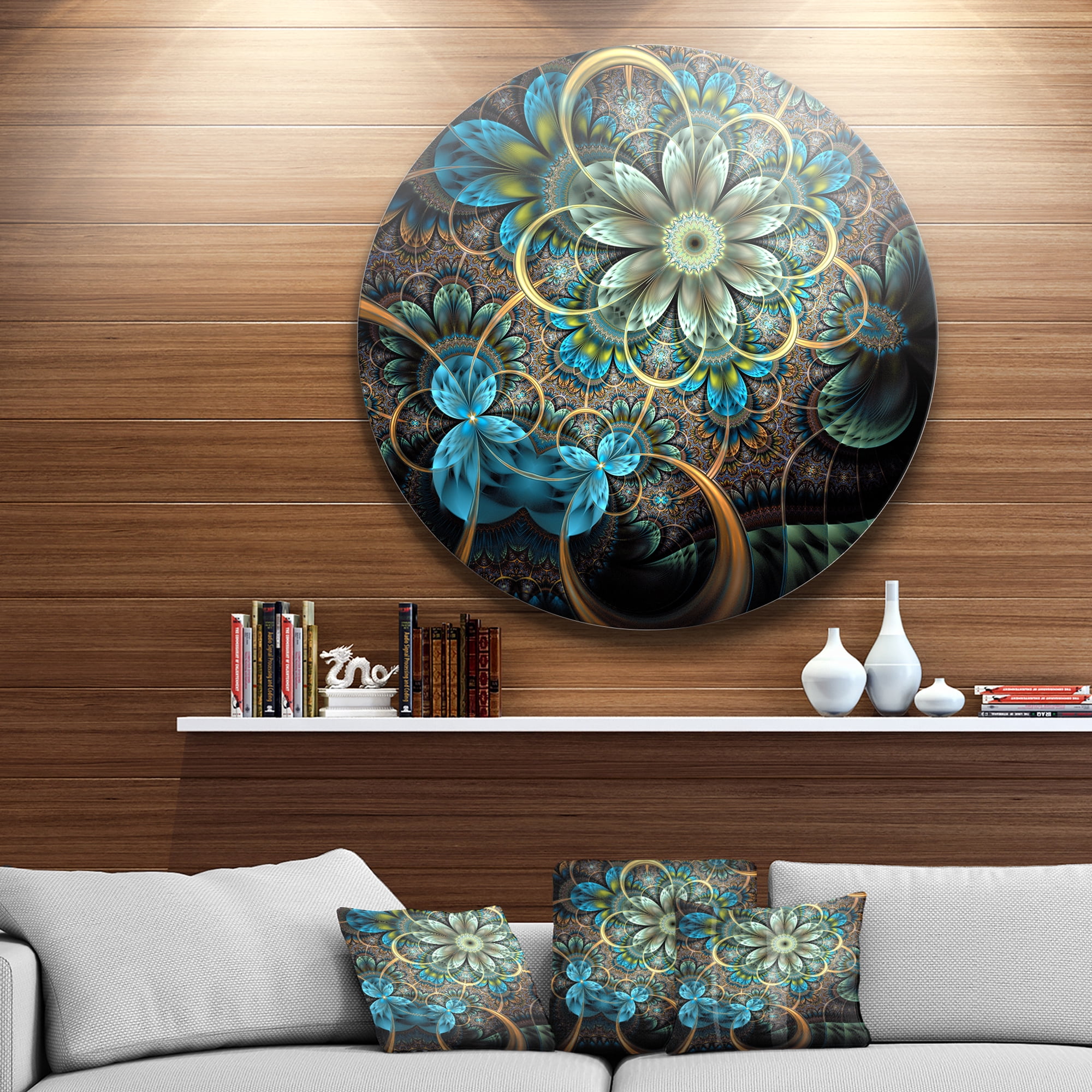 Designart 'Lighted Blue Fractal Blue Flowers' Disc Floral Circle Metal Wall Art